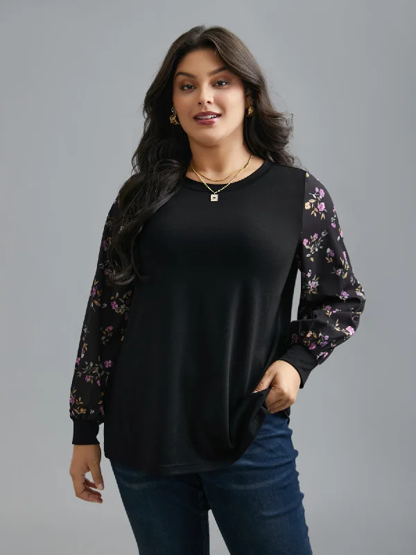 Floral Spliced Sleeve Stretchy T-Shirt