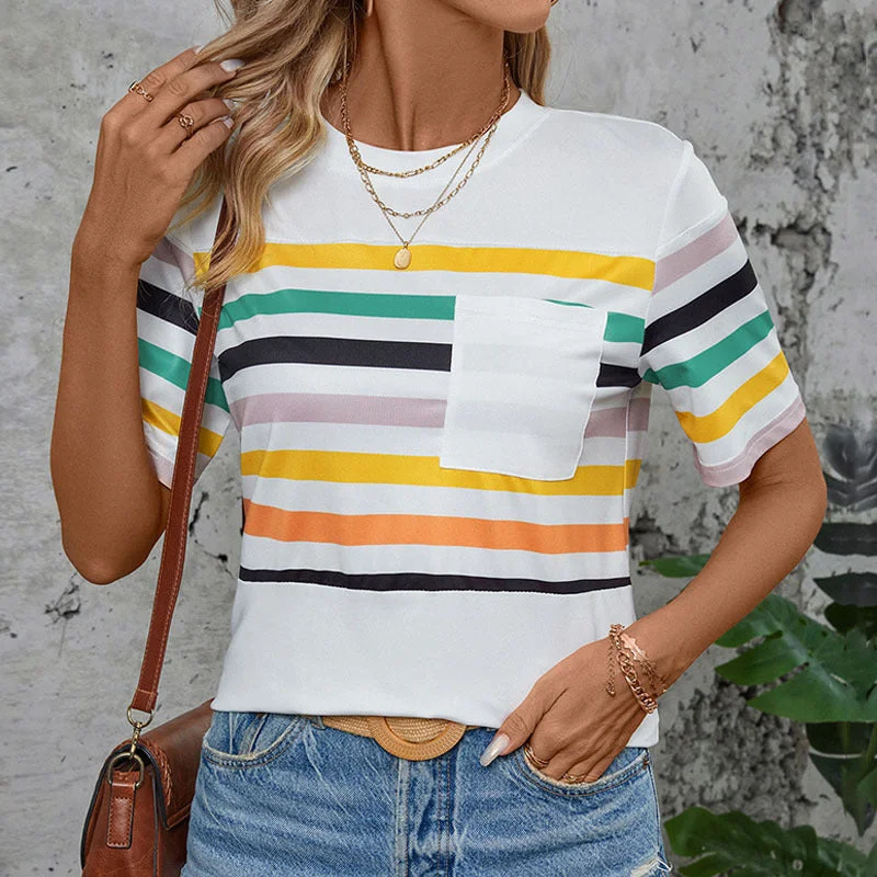 Color Striped Short Sleeve T-Shirt Wholesale Womens Clothing N3824040700306