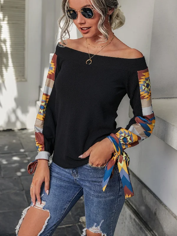 Casual Geometric Knot Long Sleeve Off The Shoulder Regular Women T-Shirt