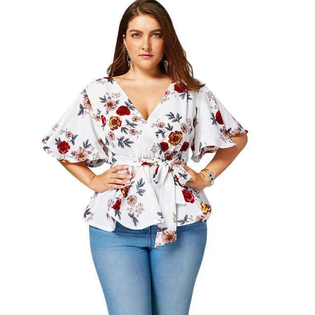 ANALUKE Floral Belted Surplice Short Sleeve Blouse