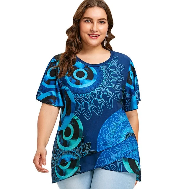 ANALUKE Plus Size Print Flutter Short Sleeve T-Shirt