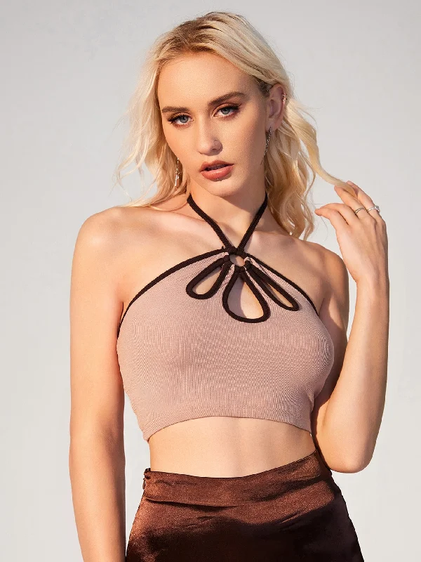 Sexy Colorblock Contrast Binding Halter Crop Women Tank Top & Cami