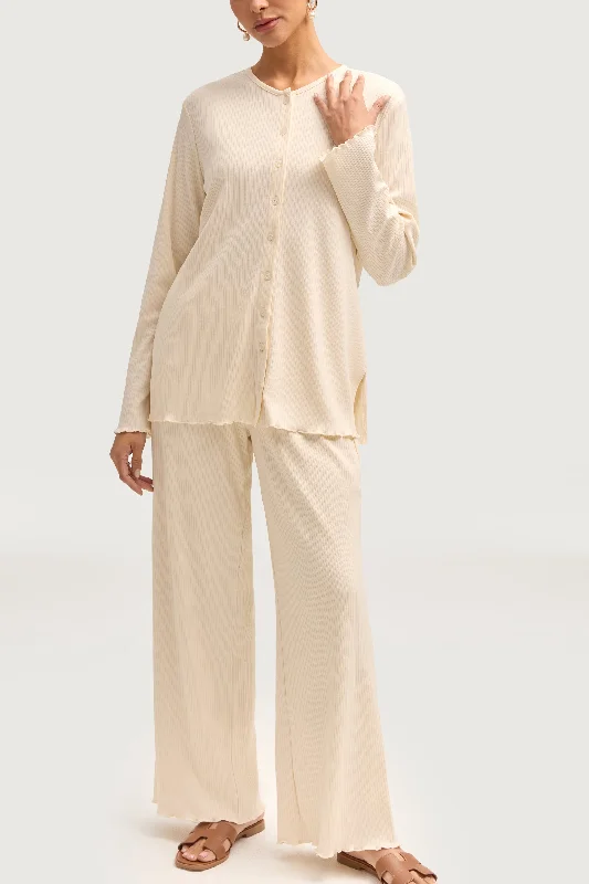 Naeema Ribbed Button Down Top & Pants Matching Set - Off White