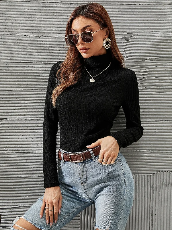 Casual Plain Long Sleeve High Neck Regular Women T-Shirt