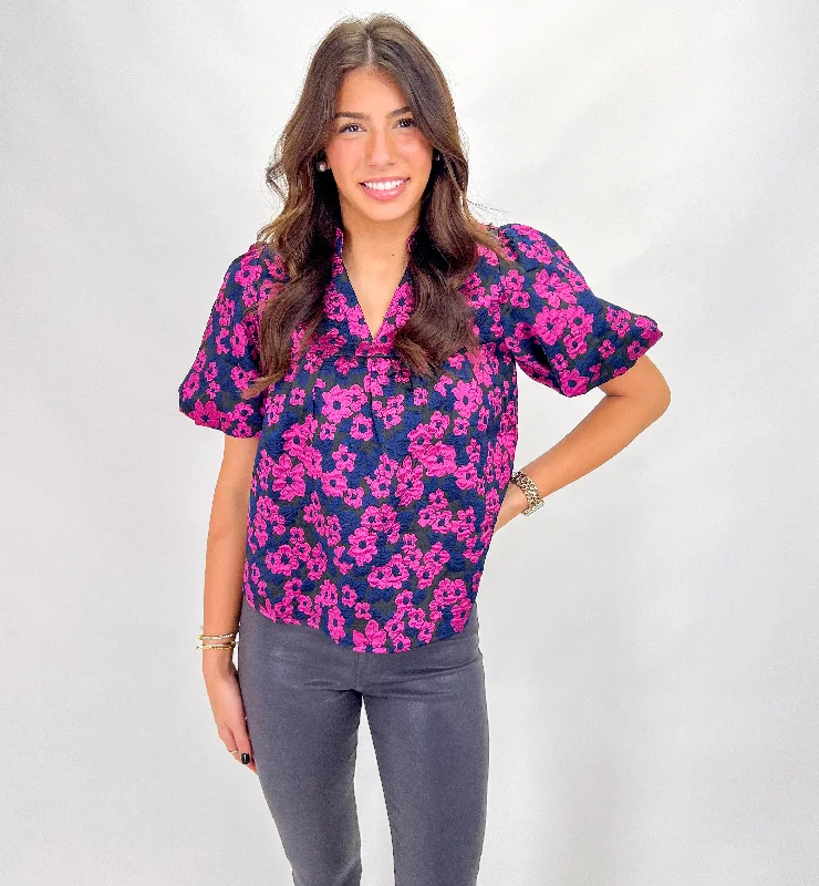 IN THE DETAILS NAVY FLORAL JACQUARD TOP