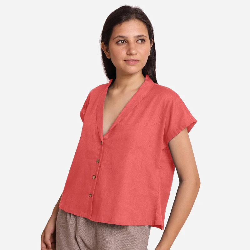 Red Shawl Collar Button-Down Cotton Crop Top