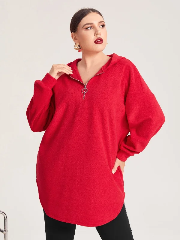 Plain Zipper Long Sleeve Hooded Long Plus Size Sweatshirt