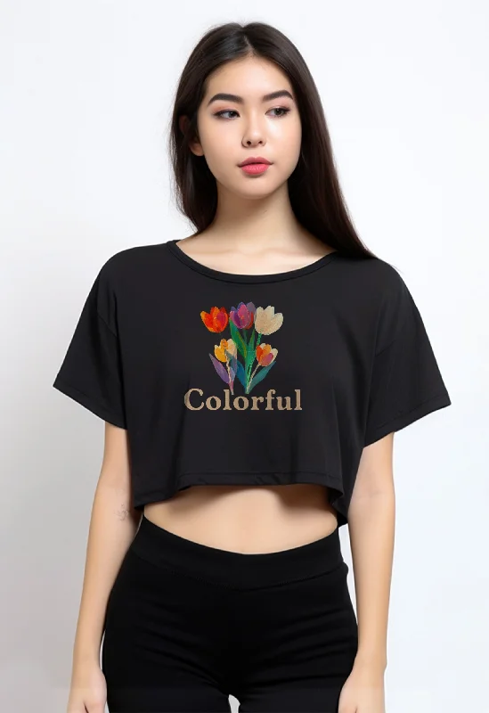 LTF75 Kaos Wanita Gambar Bunga Crop Oversize Hitam "colorful tulip" hitam