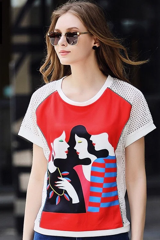 Three Girls Print Mesh T-Shirt