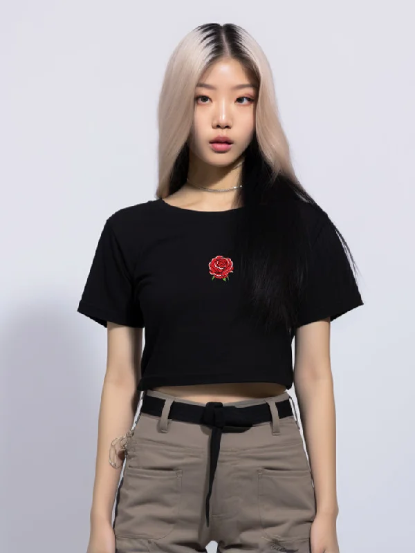 LTE73 oversize crop top bunga OLC merah dateng rose hitam