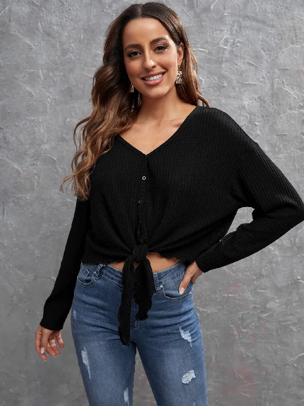 Casual Plain Button Front Long Sleeve V Neck Regular Women T-Shirt