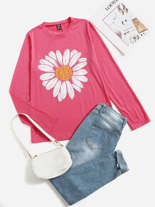 Casual Floral Long Sleeve Round Neck Regular Women T-Shirt