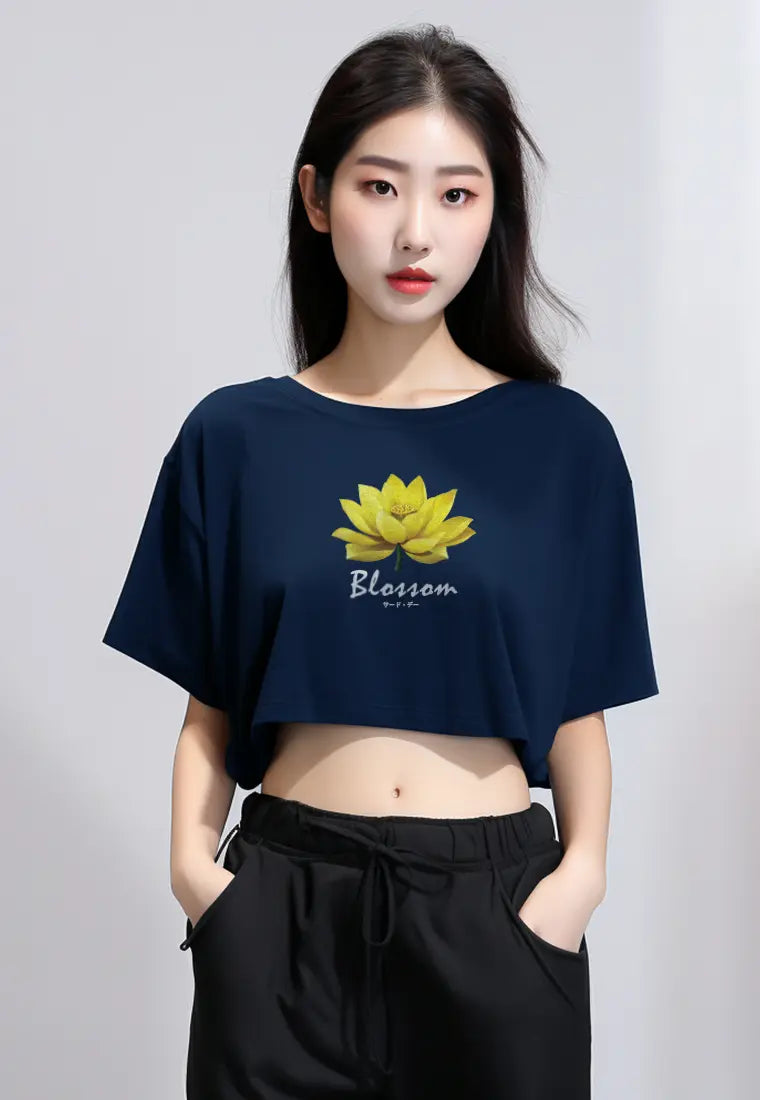 LTG52 Kaos Wanita Gambar Bunga Lotus Kuning OLC Crop Oversize Navy