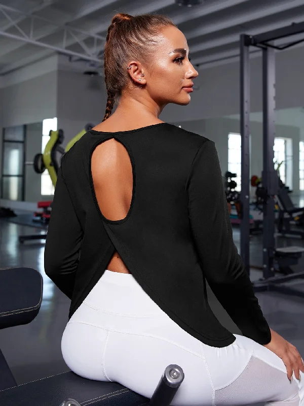 Plain Cut Out Long Sleeve Round Neck Regular Women Sports Tees & Tanks