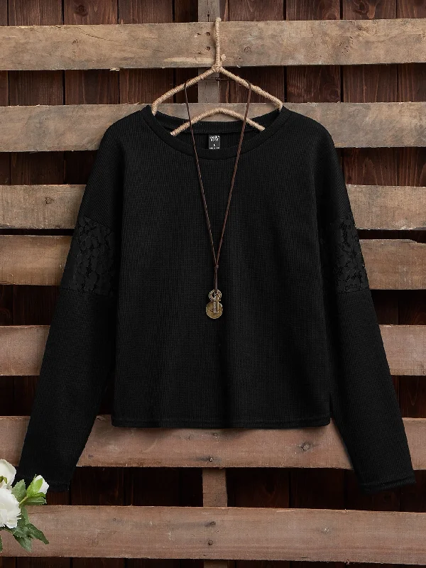 Casual Plain Contrast Lace Long Sleeve Round Neck Regular Women T-Shirt