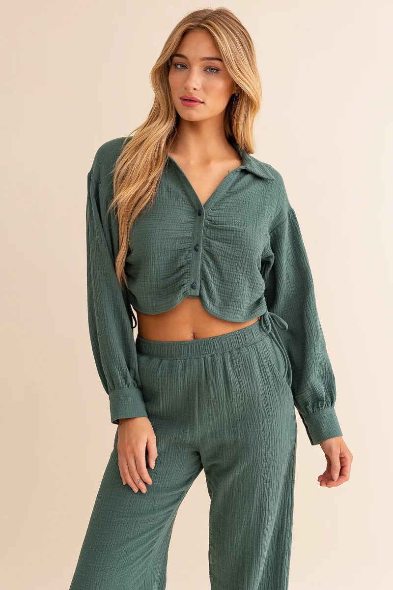 Cotton Ruched Long Sleeve Button Down Collard Top