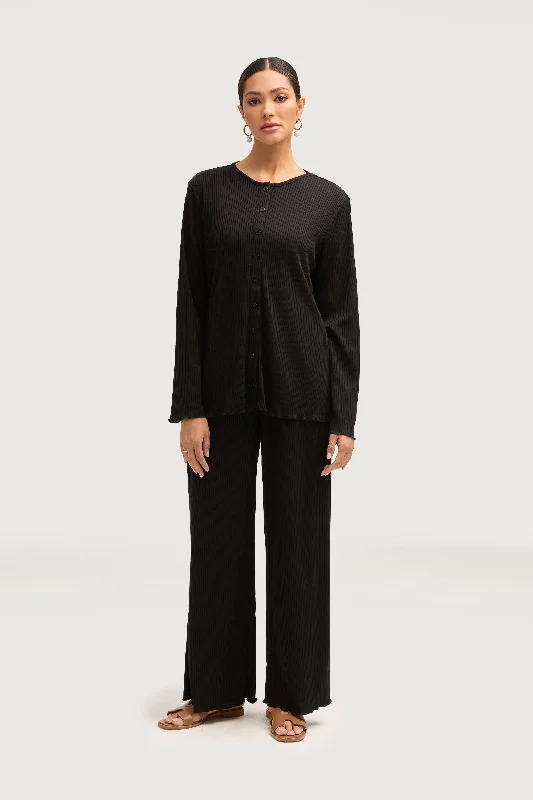 Naeema Ribbed Button Down Top & Pants Matching Set - Black