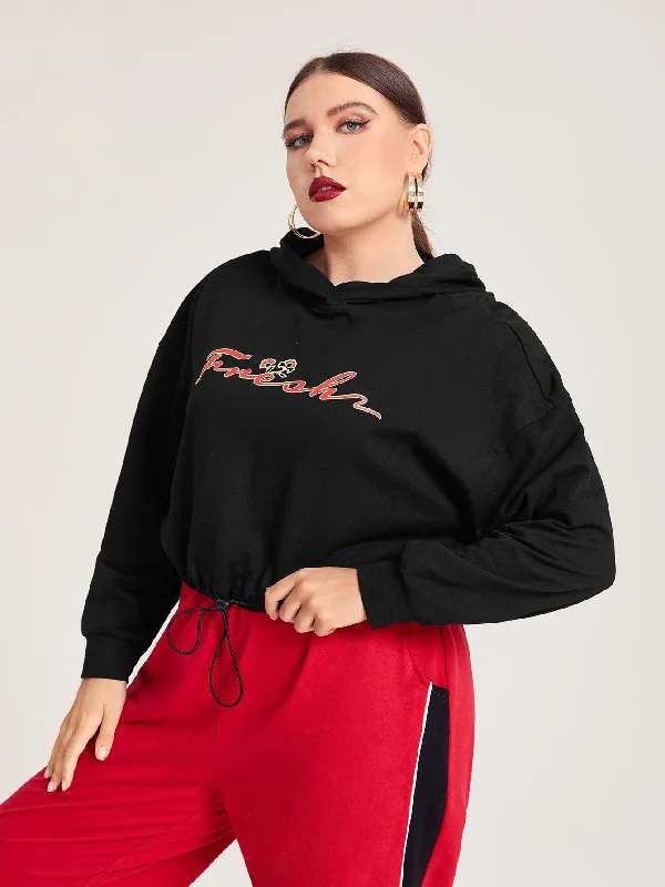 Letter Drawstring Long Sleeve Hooded Crop Plus Size Sweatshirt