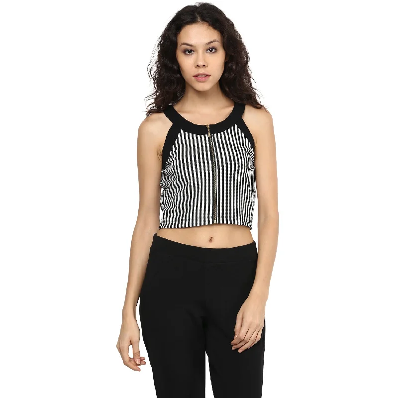 Straight Stripe With Front Open Zip Crop Top