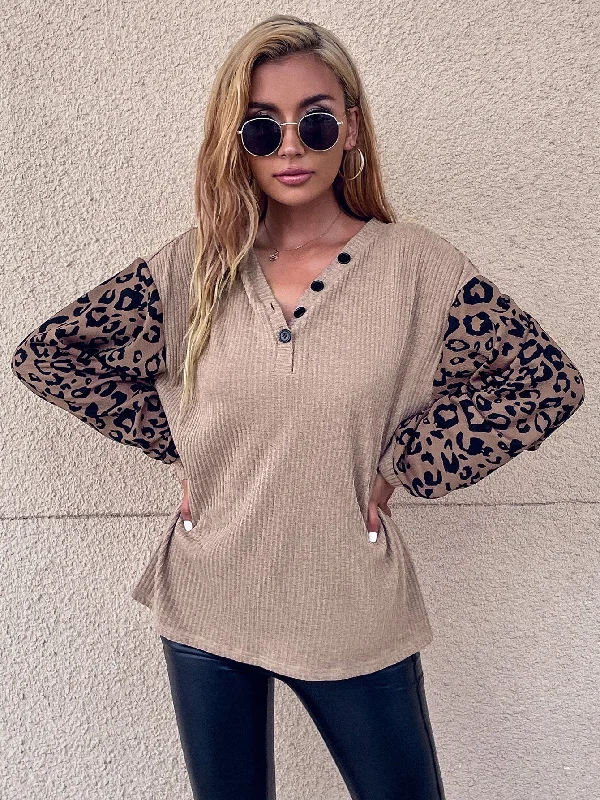 Casual Leopard Button Long Sleeve V Neck Regular Women T-Shirt