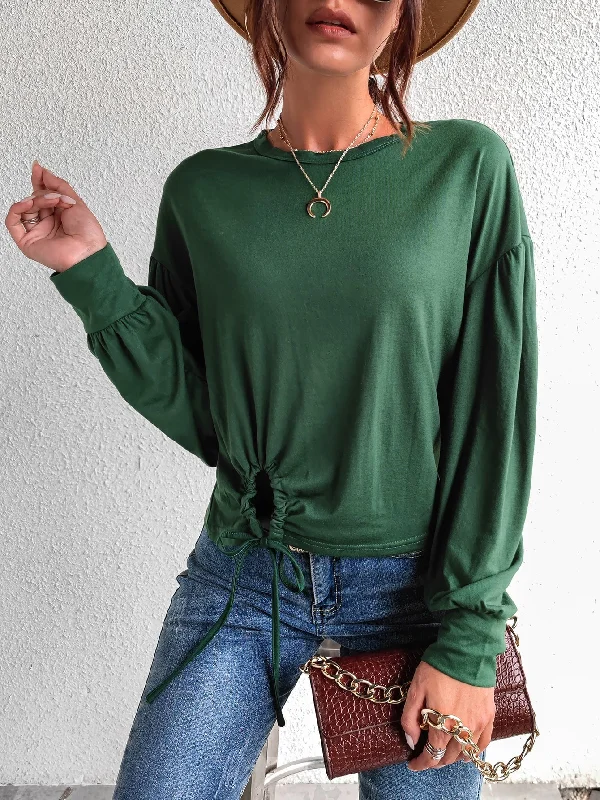 Casual Plain Drawstring Long Sleeve Round Neck Regular Women T-Shirt