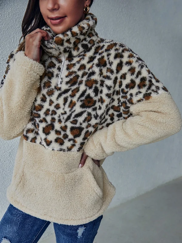 Casual Leopard Zipper Long Sleeve High Neck Regular Women Sweatshirt