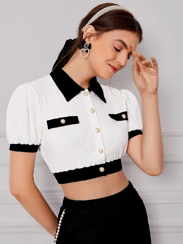 Casual Colorblock Button Front Short Sleeve Collar Crop Women T-Shirt