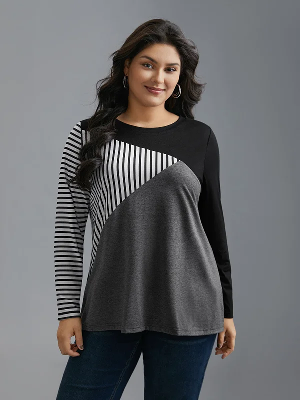 Crew Neck Striped Color Contrast Patchwork Top