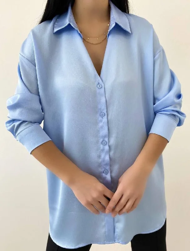 Sky Blue Button-Front Satin Top