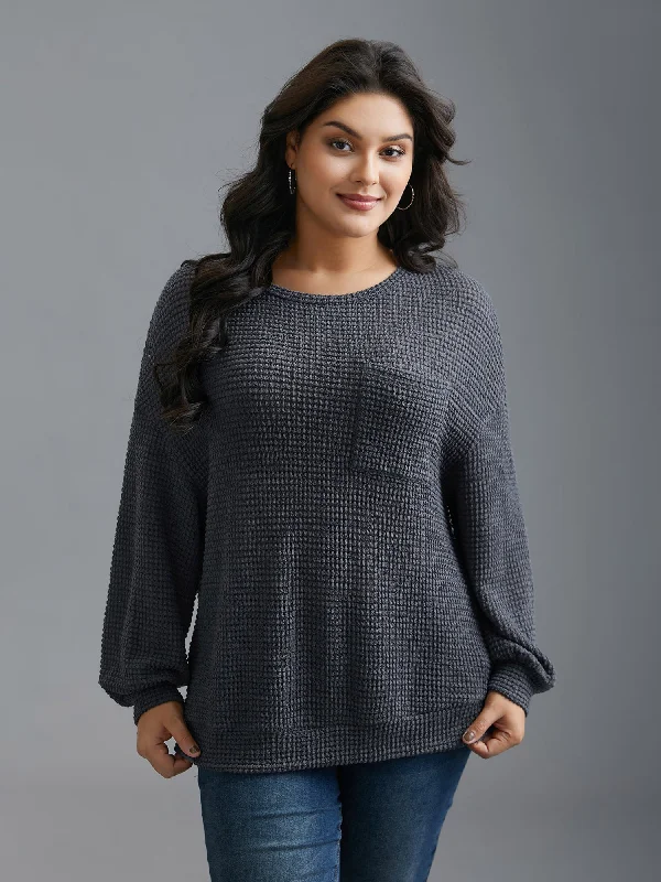 Round Neck Waffle Knit Patched Pocket Top