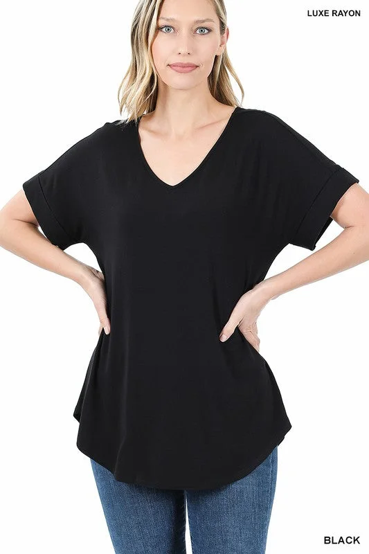 LUXE RAYON SHORT CUFF SLEEVE V-NECK ROUND HEM TOP