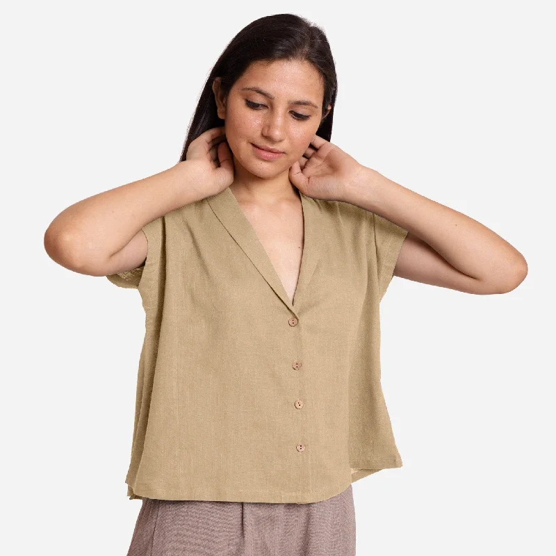 Beige Shawl Collar Button-Down Cotton Crop Top