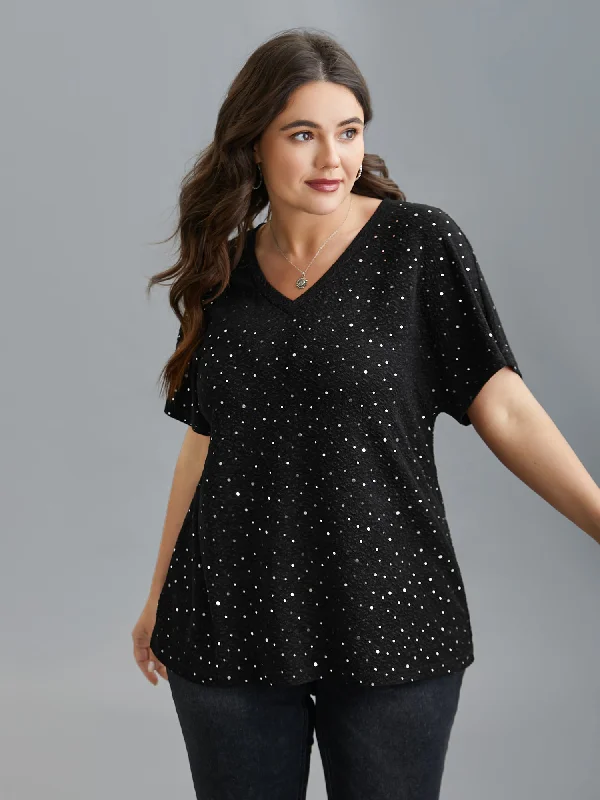 V-Neck Sequin Textured T-Shirt