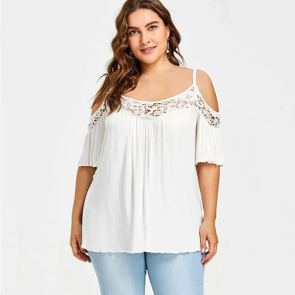 ANALUKE Cold Shoulder Lace Insert Short Sleeve Blouse