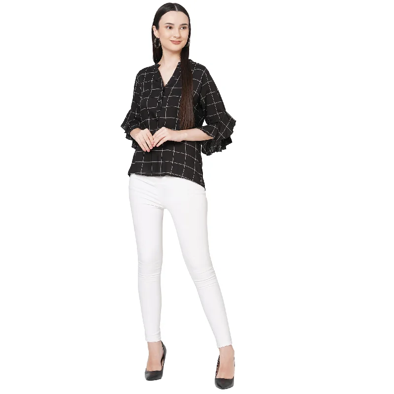 Black Checkered Mandarin Collar Top For Women