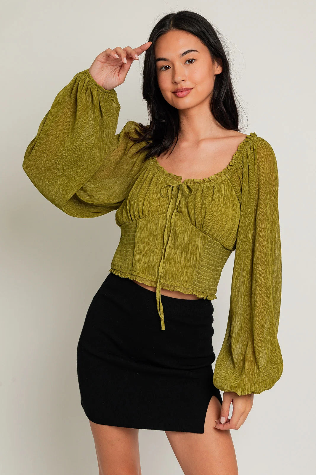 Crop Smoked Long Ballon Sleeve Front Tie Top