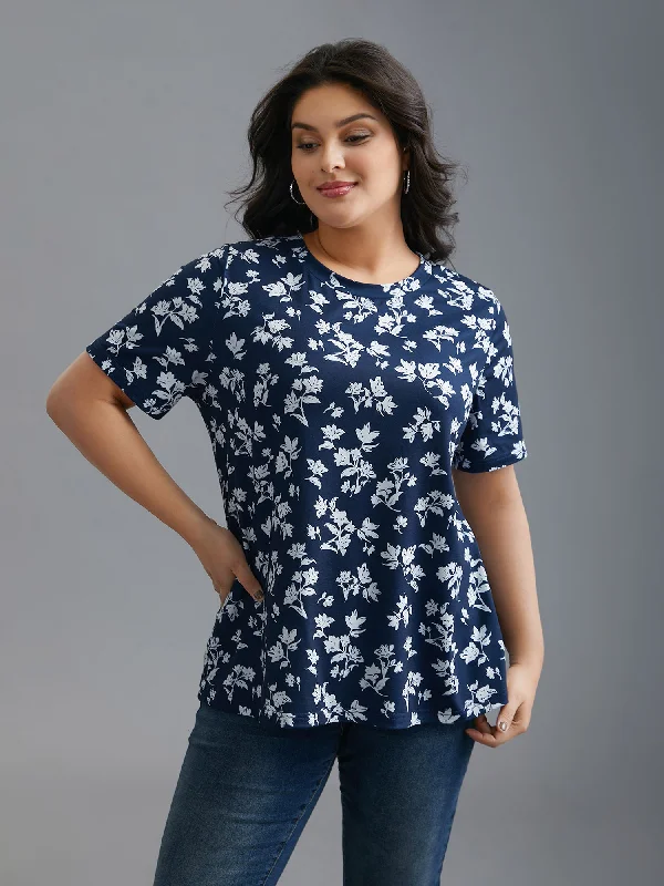 Round Neck Floral Print Fitted T-Shirt