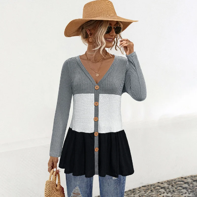 Long Sleeve V-Neck Patchwork Color Block Button Knit Tops Wholesale Womens Clothing N3824111300027