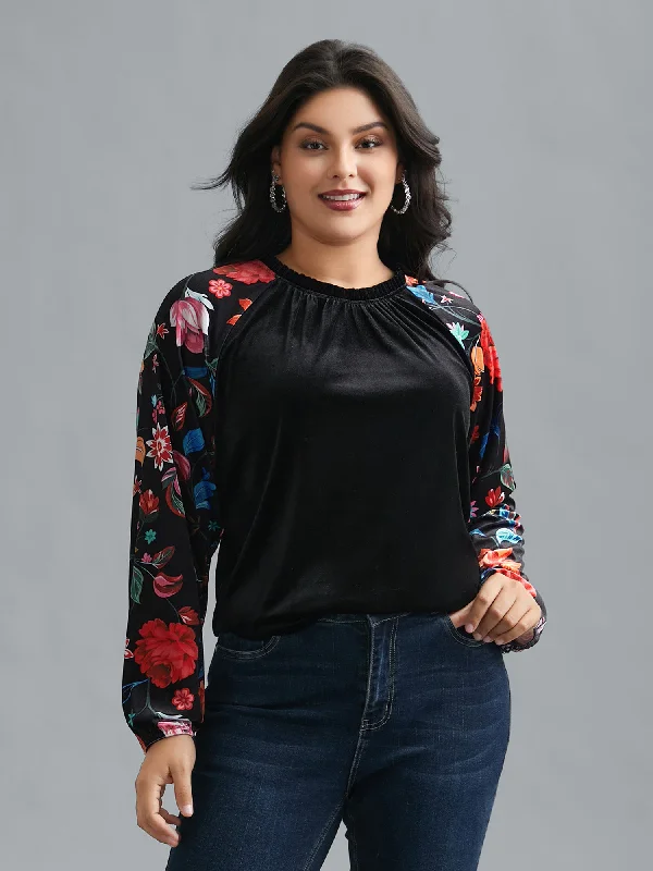 Floral Frill Trim Patchwork Velvet Top